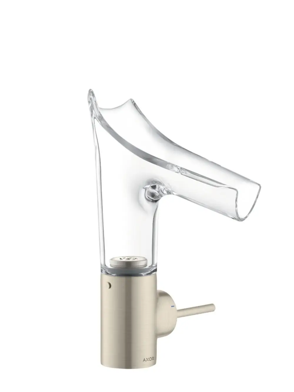 Ein AXOR-Waschtischmischer mit einem Glasauslauf in geschwungener Form und einem aus langlebigem Material gefertigten Hebel im Brushed Nickel-Finish.